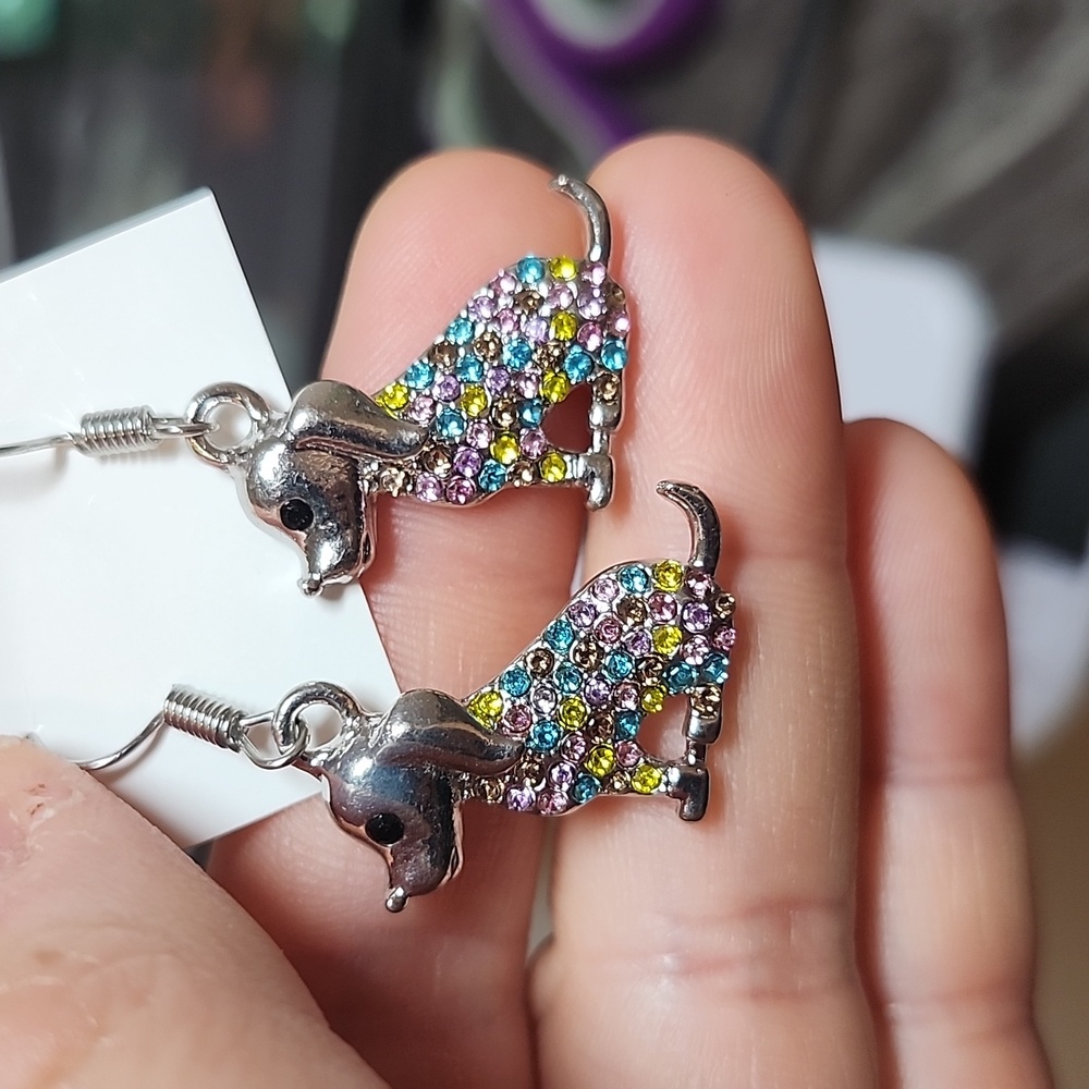 💙 Silver 4A CZ Crystal Multicolour Puppy Dog Earrings